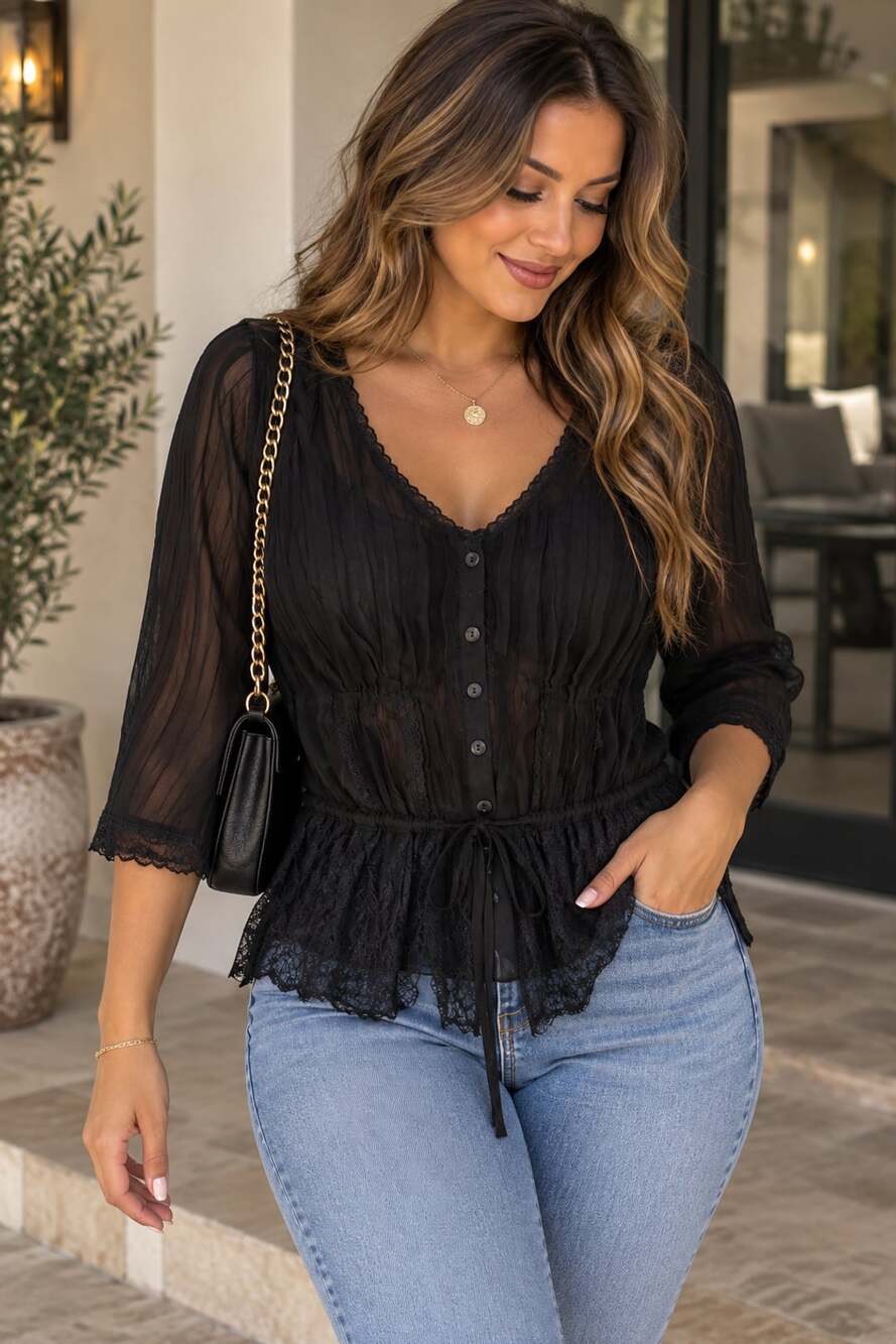 Bay Studio Career Petite Large Black Pleated V-Neck Blouse with Lace Peplum Hem